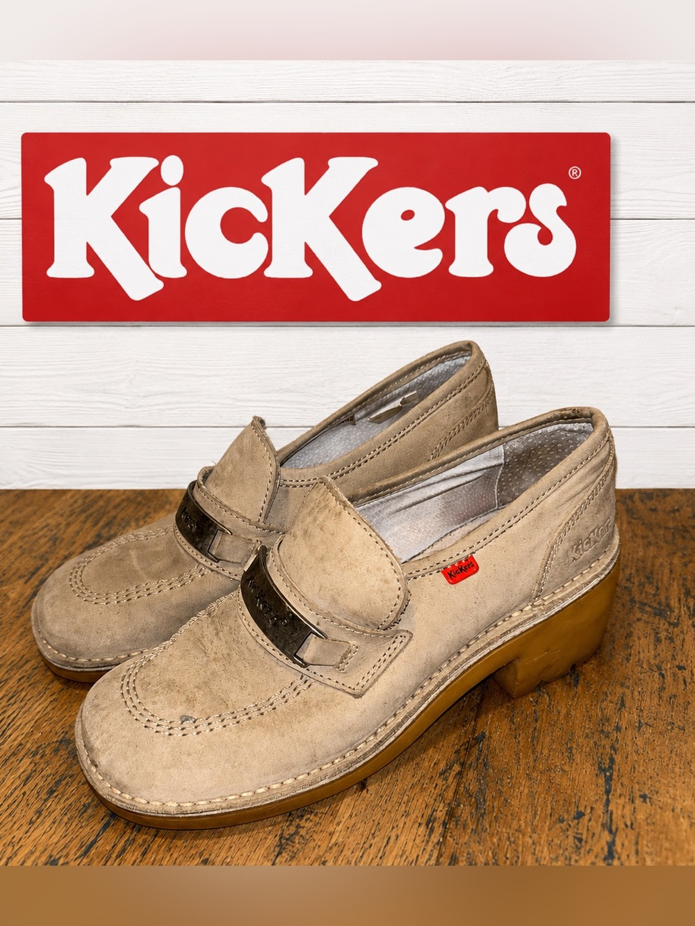 Vintage Kickers Tan Leather Platform Loafers – Estimated Size EU 37.5